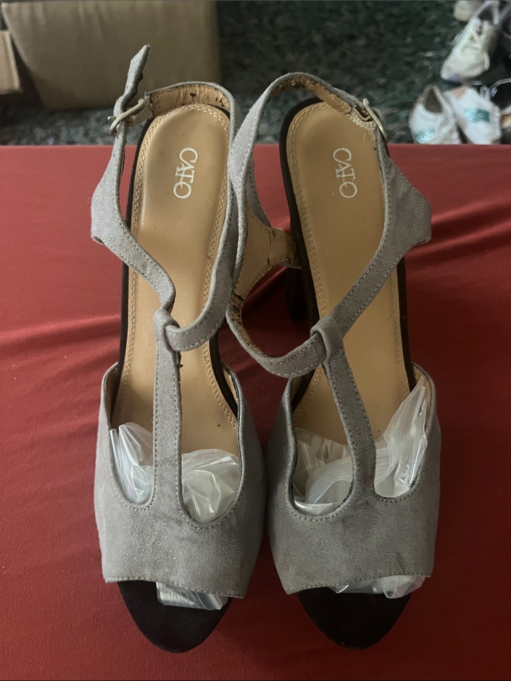 Cato Gray and Black Suede T‑Strap Block Heels